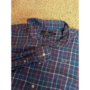 Vineyard Vines Men's Button Down Whale Shirt Large Blue Red Plaid Flannel Logo